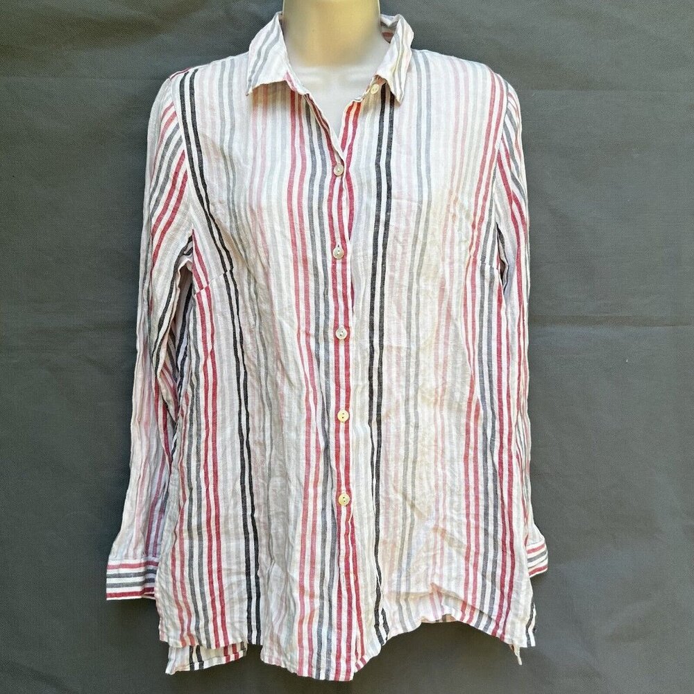 J. Jill Love Linen Size Small Striped Ivory Red Button Down Blouse Shirt Top